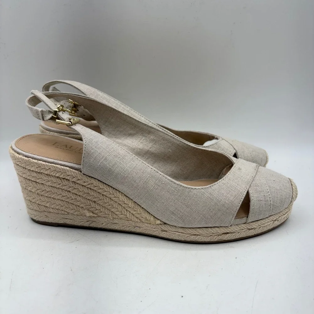 Lauren Ralph Lauren Madly Espadrille Wedge Sandals Beige Slingback Peep Toe 8B